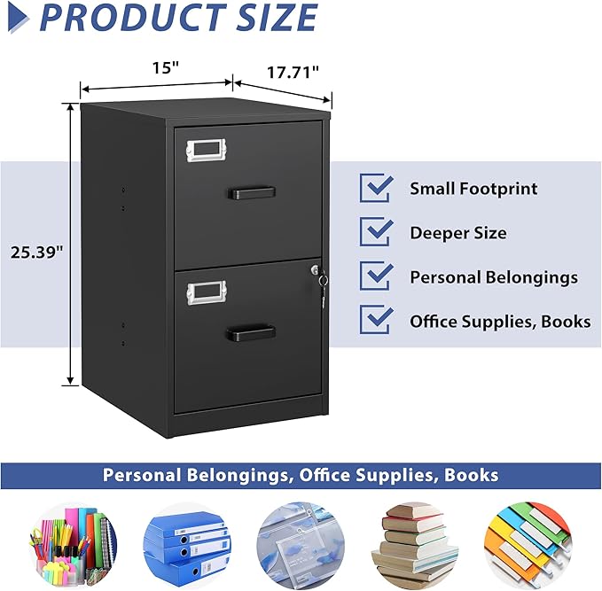 2 Drawer File Cabinet with Lock,Black Metal Vertical File Cabinets for Letter Size, Filing Cabinets for Home Office, Under Desk File Cabinet, Easy Assemble