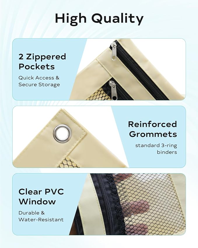 Pencil Pouch for 3 Ring Binder - 3 Hole Zipper Pen Case Bag Holder Bulk Accessories Clear Window Aesthetic Organizer Pockets (Beige, 1)
