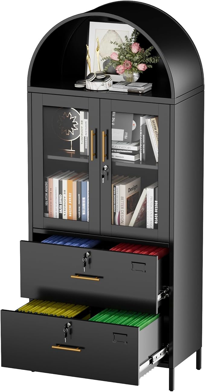 Tall Metal Arch Cabinet, Filing Cabinet for Home Office, Black Arched Bookcase with Locking Glass Doors and Drawers(Assemble Required)