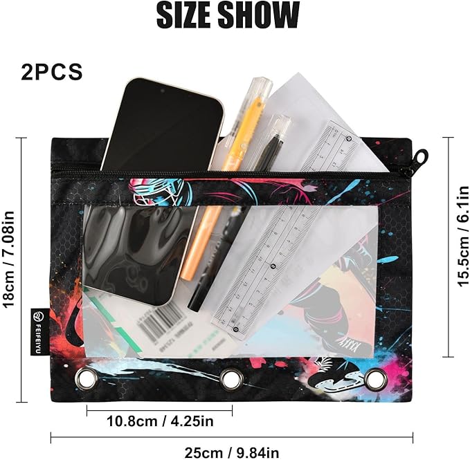 Hockey Player Pencil Pouch for 3 Ring Binder, 2 Pack Waterproof Pencil Bags Clear Window Zipper School Office Supplies