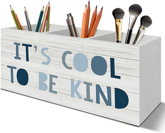 Boho Blue Pen Pencil Holder Organizer for Desk Accessories, Boys Room Decor, It's Cool to Be Kind Wooden Box Signs Decorations for Kids Boys Nursery Bedroom Playroom Desk Tabletop