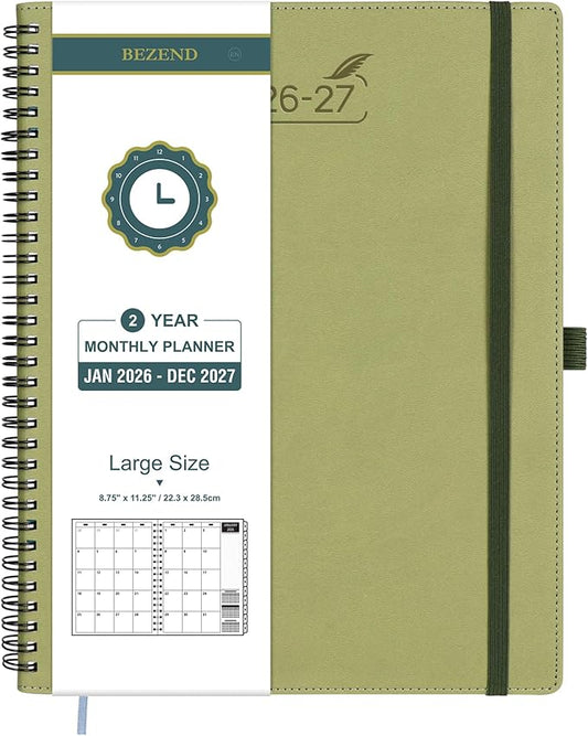 BEZEND Monthly Planner 2026-2027 (Spiral-8.5" x 11") 2 Year Calendar Book with Note Pages - Jan 26 to Dec 27-120 GSM Paper, Inner Pockets, Laminated Tabs, Vegan Leather Softcover - Kiwi
