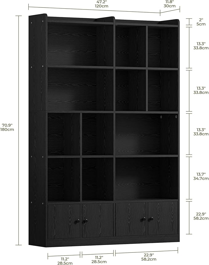 IRONCK Bookshelves and Bookcase, 6 Tiers Large Bookshelf with 4 Doors, Floor Standing Tall Display Storage Shelves for Home Office, Living Room, Bedroom, Black