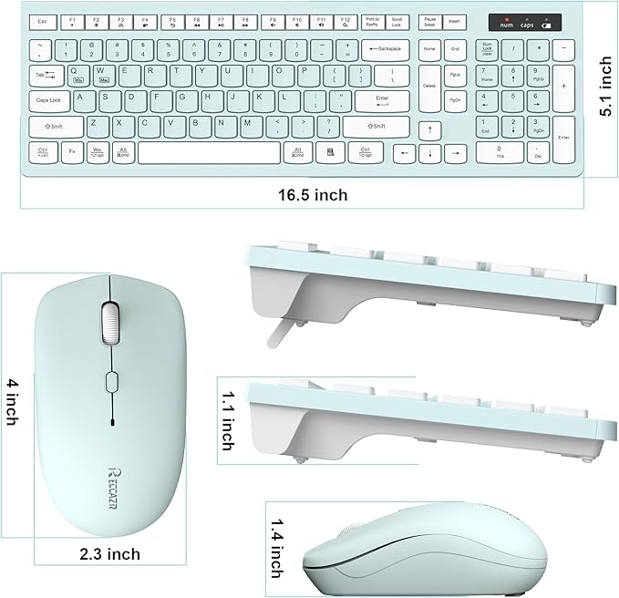 Wireless Keyboard and Mouse Combo, Full-Sized Wireless Keyboard and Adjustable DPI Mouse, 2.4GHz USB Receiver, Keyboard and Mouse for PC, Windows, Desktop, Laptop (Mint Green and White)