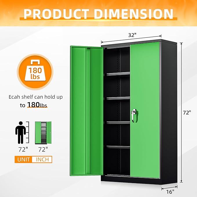 INTERGREAT Metal Storage Cabinet, Garage Steel Locking Cabinets with Doors and 4 Adjustable Shelves, Tall Lockable File Tool Cabinets for Home Office, Classroom Cabinet Basement, Black-Green