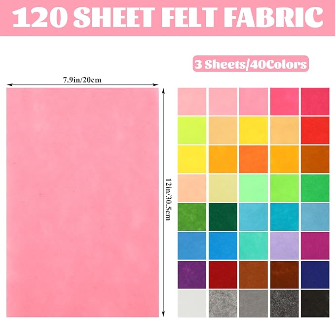 STARVAST 120Pcs Soft Felt Fabric Sheets, Assorted Color Felt Squares 12 x 8 Inch, Felt Fabric Sheets Patchwork Sewing Felt Sheets for Crafts Sewing Patchwork DIY Crafting Projects, 40 Colors