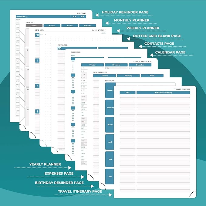 Planner 2025-2026 Daily Weekly and Monthly,11.5"x8.5",18 Months Spiral Bound Calendar Agenda with Self-adhesive Pen Holder,2026 Academic Plan with Vegan Leather Soft Cover,Light Blue