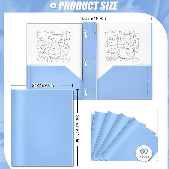 Yeaqee 60 Pcs Plastic Folders with Pockets and Prong Plastic Folders with 2 Pockets Pocket for Office, School for Students, Teachers, Office Workers (Haze Blue)
