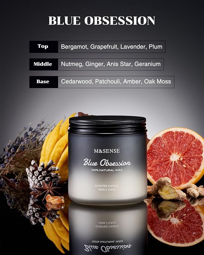 M&SENSE Amber Lavender Scented Candle for Men, 11.6oz 2 Wick Large Natural Soy Wax 70 Hours Highly Scented Home Fragrance