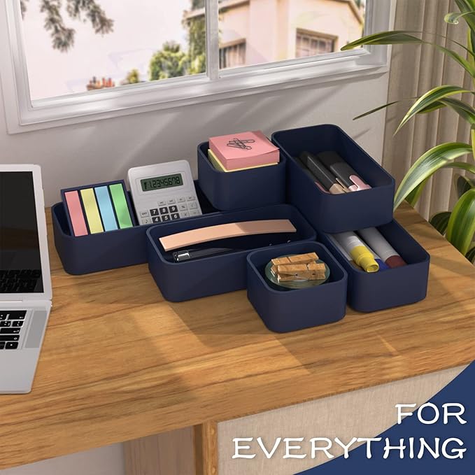 CHANCETSUI 6 PCS Stackable Drawer Organizers Set, Versatile Desk and Vanity Drawer Organizer Trays, Storage Bins for Makeup, Bathroom, Bedroom, Kitchen and Office, Blue