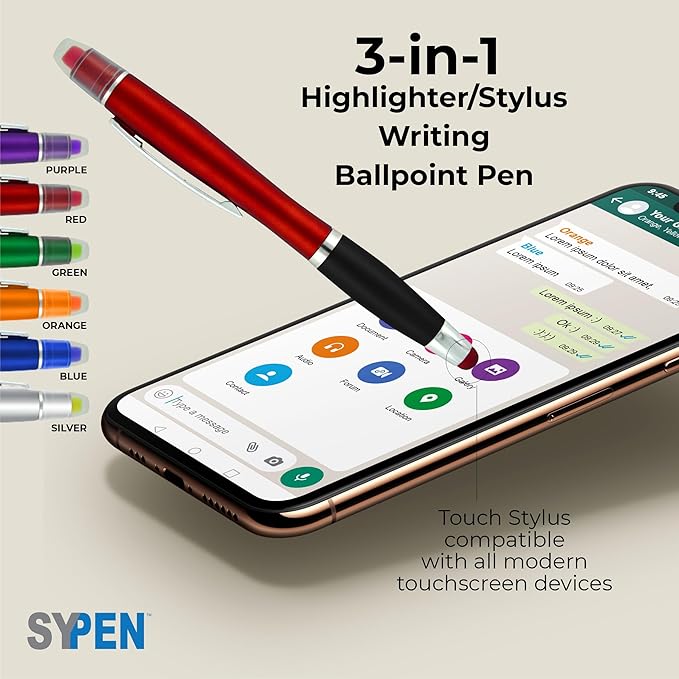 Personalized Pens with Gel Highlighter and Stylus -200 Pack Bulk-Free Imprint - 3 In Bible Highlighter No Bleed, Ballpoint Pen, and Stylus Combo- add Custom Name, Logo or Gift Message- Purple