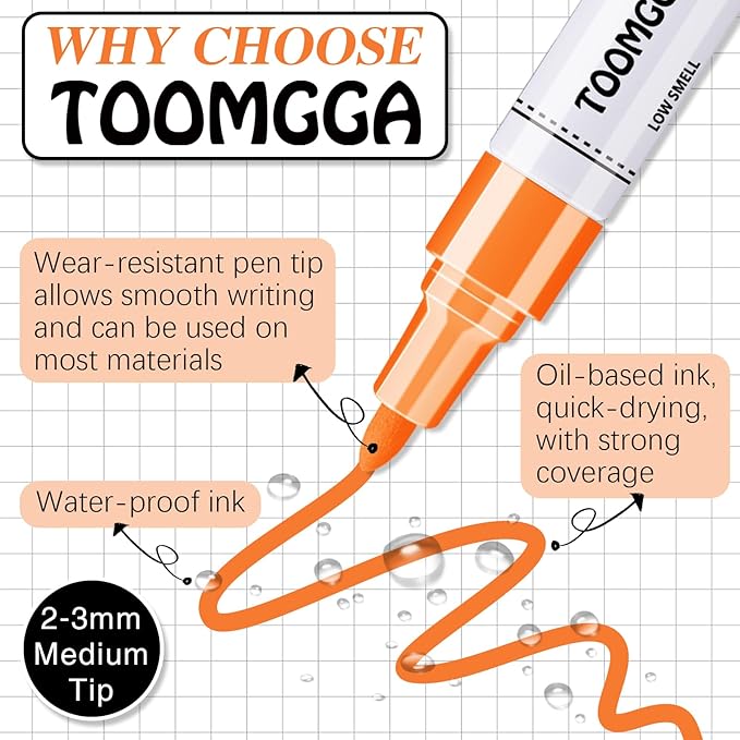 Orange Permanent Paint Pens - 2 Pack Oil Based Paint Markers, Pens for Rock Painting Car Tyre Metal, Plastic, Canvas, Mugs, Wood, Glass, Quick Drying and Waterproof, Medium Point