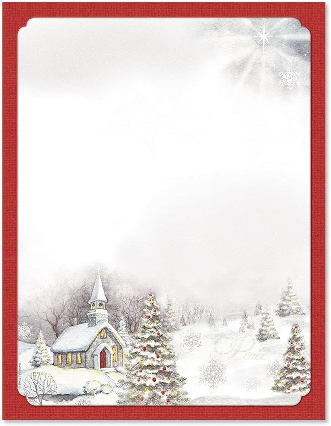 Snowy Church Holiday Letter Paper - Set of 25 Christmas stationery papers are 8 1/2" x 11", compatible computer paper