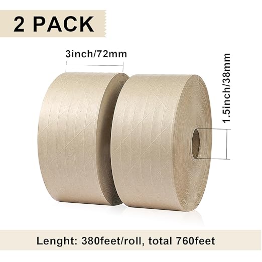 BOMEI PACK Water Activated Kraft Paper Reinforced Gummed Tape, 2 Pack 3 inch x 380 ft, for Heavy Duty Secure Packing Shipping