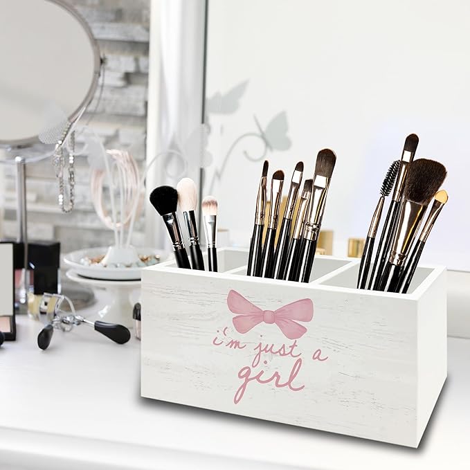 Pink Coquette Bow Preppy Pen Pencil Holder Organizer for Desk, Preppy Desk Decor, I'm Just a Girl Pink Wooden Box Sign for Girly Room Bedroom Dorm Tabletop Decorations