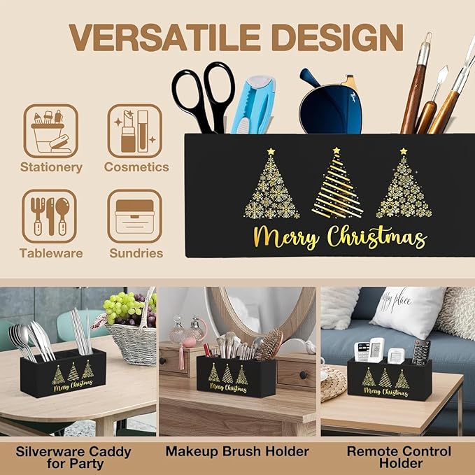 Black and Gold Christmas Tree Pen Pencil Holder Organizer for Desk Accessories, Christmas Office Decor, Golden Snowflake Xmas Tree Wooden Box Signs Decorations for Home Office Desk Tabletop