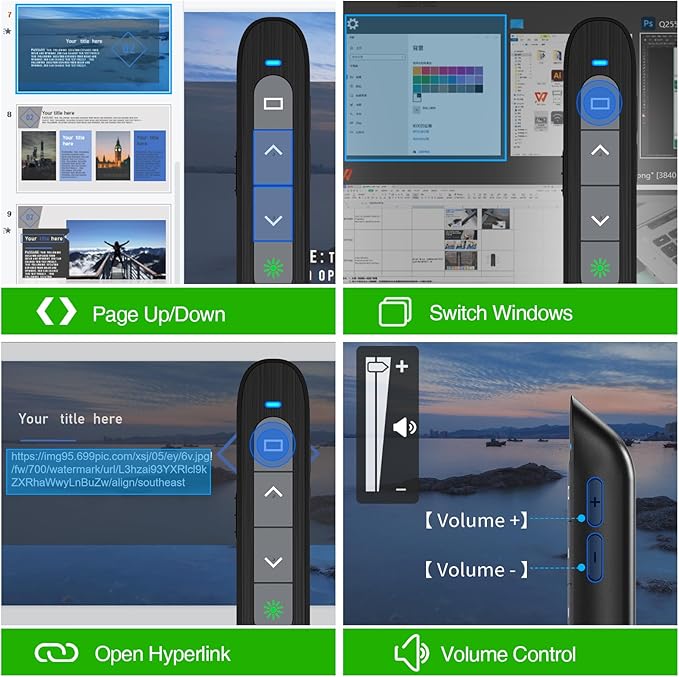 USB C Rechargeable Presentation Clicker with Green Light, Remote Clicker for Presentations Wireless Presenter Slide Changer PPT Advancer with Volume Control for Laptop Computer