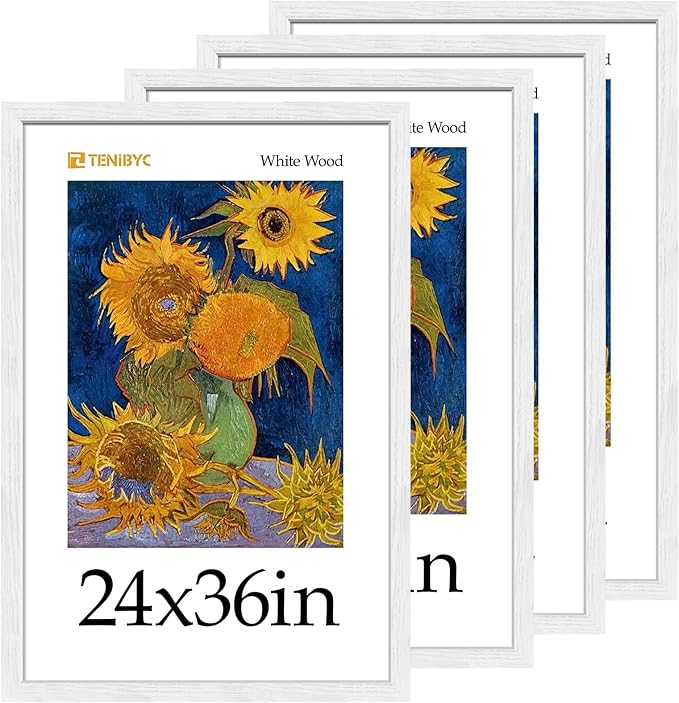 24x36 Poster Frame 4 Pack - White Solid Wood Picture Photo Frame - Woodgrain Series - Room, Office, Gallery, Studio Display - Wall Hanging