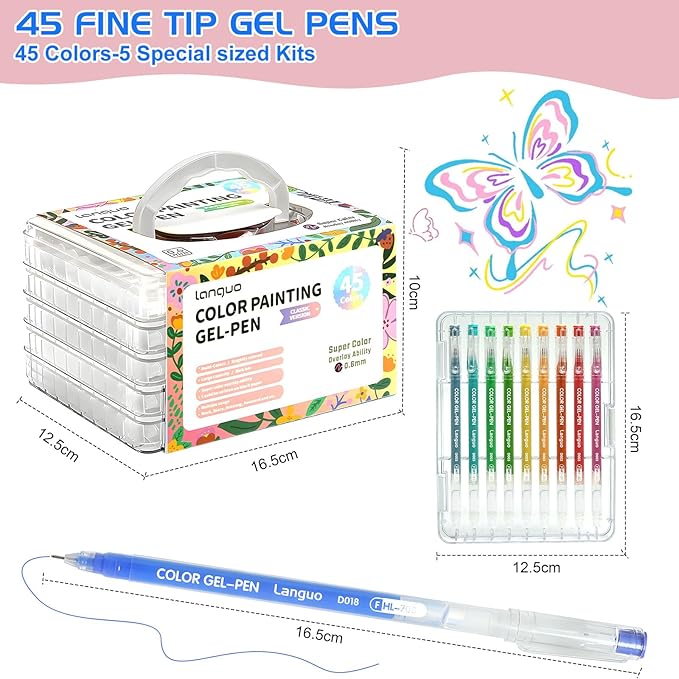 45 Color Gel Pens, 0.6 mm Fine Tip Gel Pens for Adult Coloring Book—Portable Case gel pens Colored for Journaling, Coloring, Planners, Drawing & DIY Crafts. Non-Toxic,Smooth,Water-Based