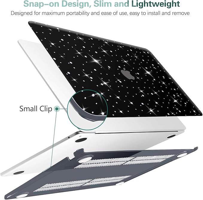 KEROM Diamond Case for MacBook Air 13 inch 2022-2018 M1 A2337 A2179 A1932, Luxury Bedazzled Bling Shiny Sparkle Glitter Texutured PU Leather Hard Shell Case & Keyboard Cover for Mac Air 13, Black