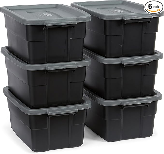 Rubbermaid 6-Pack Heavy Duty Durable 3 GAL Totes for Storage with Snap Lids and Handles, Plastic Storage Bins Stackable Black Gray for Home and Garage (3 GAL - 6 Pack Solid Black and Grey)