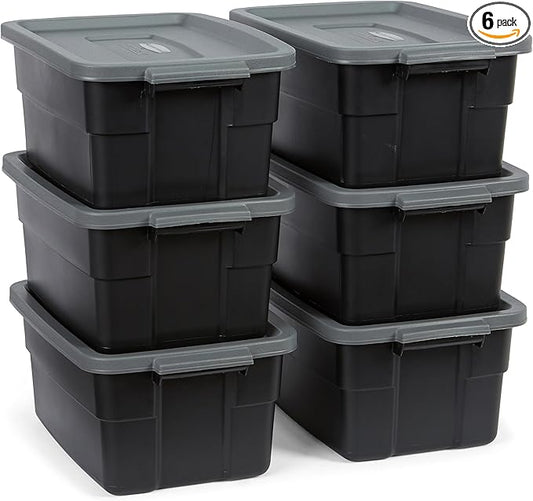 Rubbermaid 6-Pack Heavy Duty Durable 3 GAL Totes for Storage with Snap Lids and Handles, Plastic Storage Bins Stackable Black Gray for Home and Garage (3 GAL - 6 Pack Solid Black and Grey)