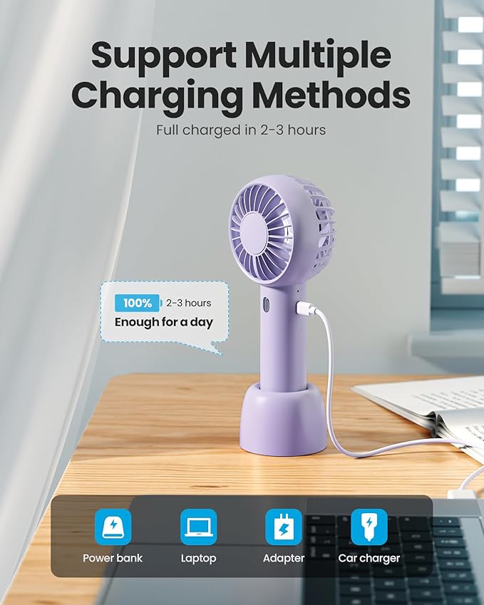 Gaiatop Mini Portable Fan, Small and Powerful, Cute Design 3 Speed Personal Handheld fan and Desktop with Base, Lightweight USB Rechargeable for Travel Lash Makeup Girl Women Summer Gift Purple