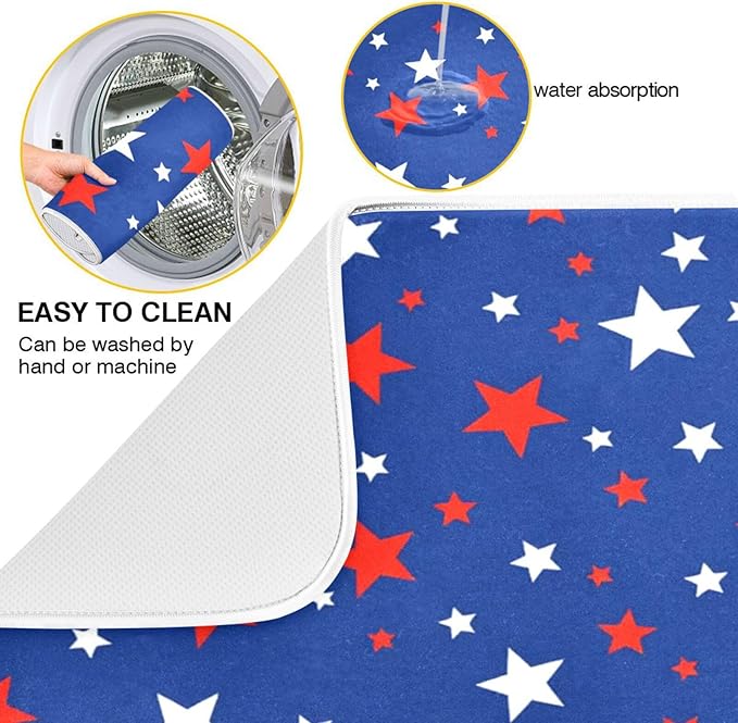 USA Patriotic Stars Memorial Dish Drying Mat 18 X 24 Inch Red Blue White Independence Day Dry Dishes Pads Tableware Mats Protector for Kitchen Countertops Counter Home Decorations