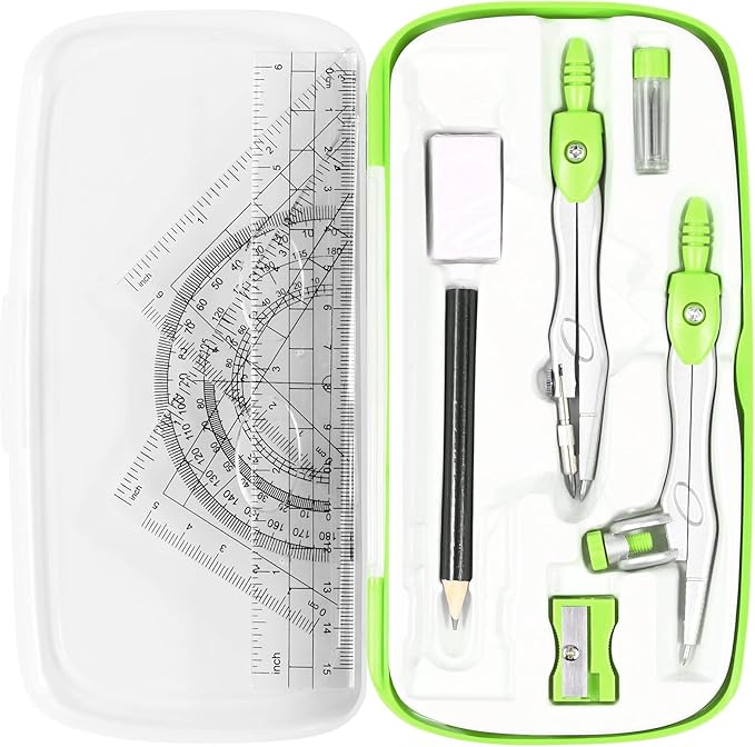 Math Geometry Kit Sets 10 Piece Student Supplies with Shatterproof Storage Box,Includes Rulers,Protractor,Compass,Eraser,Pencil Sharpener,Lead Refills,Pencil,for Drafting（Green）