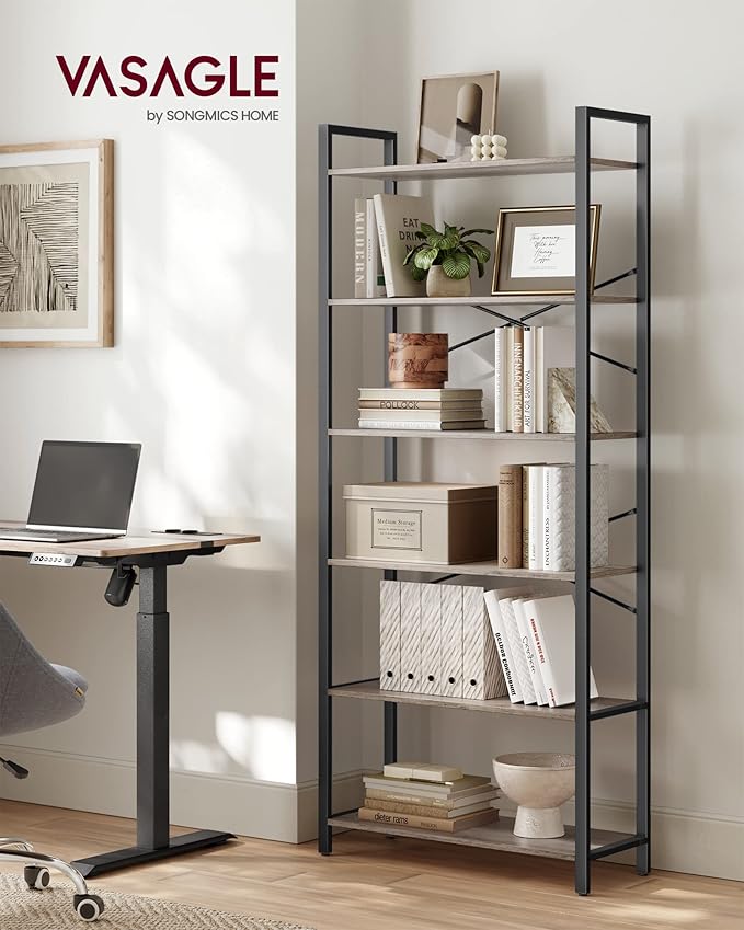 VASAGLE 6-Tier Bookshelf, Bookcase with Steel Frame, Book Shelf for Living Room, Home Office, Study, 11.8 x 31.5 x 73.2 Inches, Industrial Style, Heather Greige and Ink Black ULLS082B02