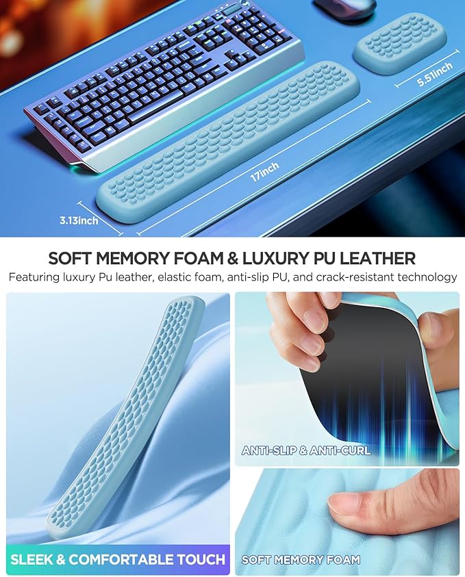 Lekvey Ergonomic Wrist Rest for Computer Keyboard - Memory Foam with Massage Points & Waterproof PU Leather Wrist Pad, Carpal Tunnel Support for Office/Gaming, Typing Pain Relief, Easy-Clean（Blue）