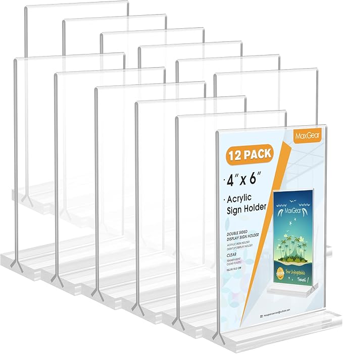 MaxGear 4x6 Acrylic Sign Holder 12 Pack, Double Sided Display Stand, Clear Paper Holder Picture Frame, Plastic Menu Stand Photo Frame for Stores, Restaurants, Hotels, Office