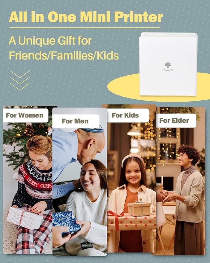 Phomemo Sticker Printer- Mini Thermal Sticker Printer Machine, Small Pocket Label Maker Instant Print for DIY Creation, Study Notes, Photos, Portable Inkless Photo Maker for Kids/Students, White