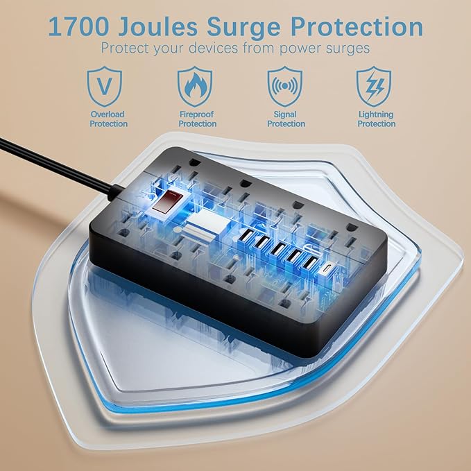 Power Strip with USB Ports, HUNIAN 5 Ft Extension Cord Flat Plug with 8 Outlets, 6 USB Charger(1 USB C Port), Indoor Desk Charging Station Surge Protector for Home and Office Accessories, Black