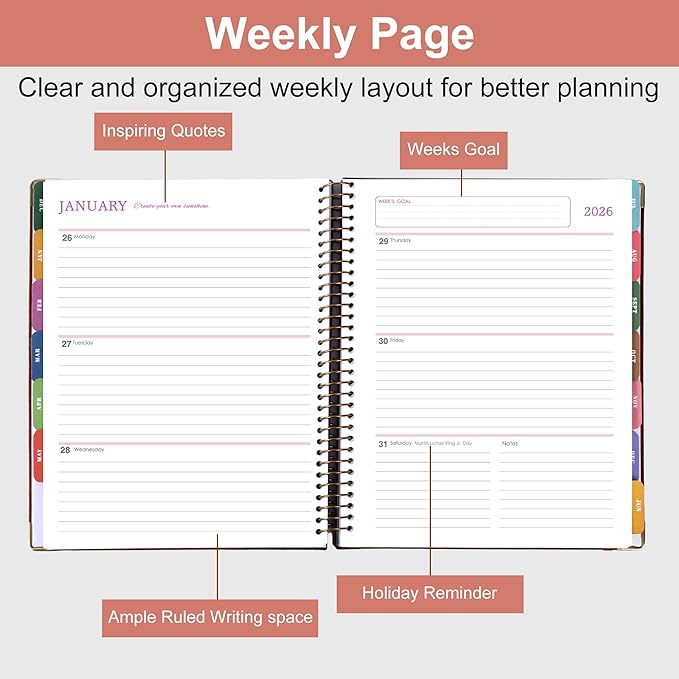 2026 Planner, Weekly and Monthly Calendar Planner Book,Dec 2025 - Dec 2026, Leather Hardcover Spiral Planner with Monthly Tabs, Notes Pages, Perfect for Women & Men, A4 (9.6" x 11.2") - Pink