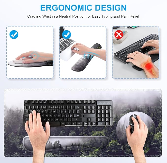 iCasso Desk Mat, Gaming Mouse Pad Wrist Support Set,4in1 XXL Large Mousepad + Keyboard Wrist Rest+Mouse Wrist Rest+Coaster Set with Ergonomic Design for Home Office Table Computer-Forest
