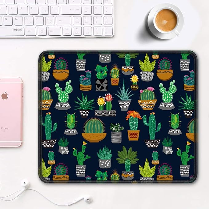 Auhoahsil Mouse Pad, 12 x 10 in Cactus Theme Computer Mouse Pad for Desk, Premium-Textured Non-Slip Rubber Stitched Edges Waterproof Square Mouse Mat for Gaming Work Wireless Mice, Black