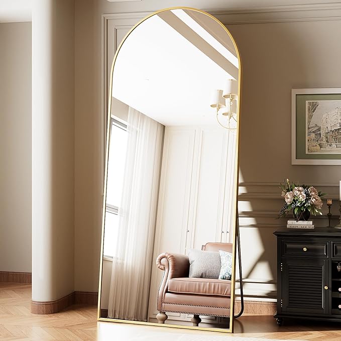 Oversized Full Body Mirror 35x78 inch Arched Full Length Mirror with Stand Aluminum Wall Mounted Hanging or Leaning Standing Mirrors,Gold