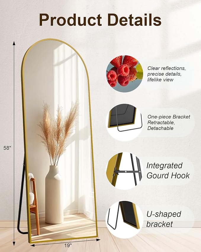 SUNQUEEN 58"x19" Floor Mirror Full Length, Arched Full Length Mirror with Stand, Full Body Mirrors for Bedroom Living Room or Cloakroom Gold