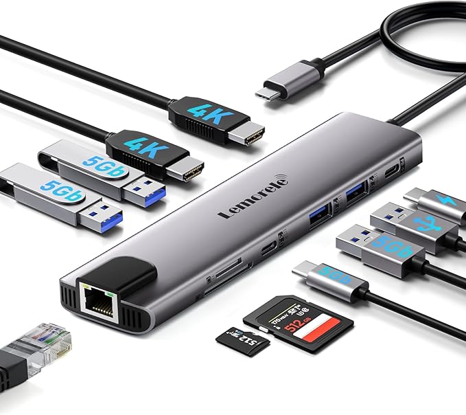 Aluminum Docking Station USB-C Hub with 2 HDMI, Gigabit Ethernet, 4 USB A, USB-C 3.0, PD 100W, SD/TF, 1000Mbps RJ45 LAN Dock Adapter for MacBook Docking Station Laptop, Supports 2 Monitor