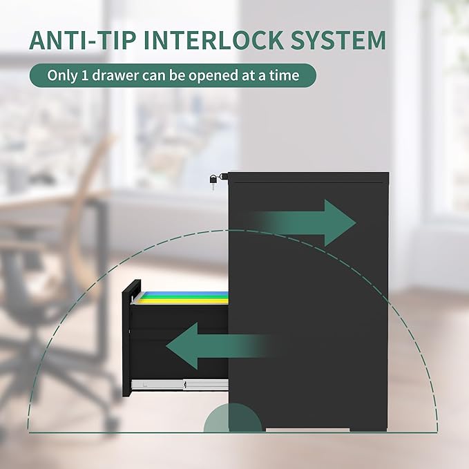 2 Drawer File Cabinets with Lock, Black Vertical Filing Cabinet for Home Office, Heavy Duty Metal Storage Cabinets Office Steel Cabinet for Letter Legal Size Files, Assembly Required