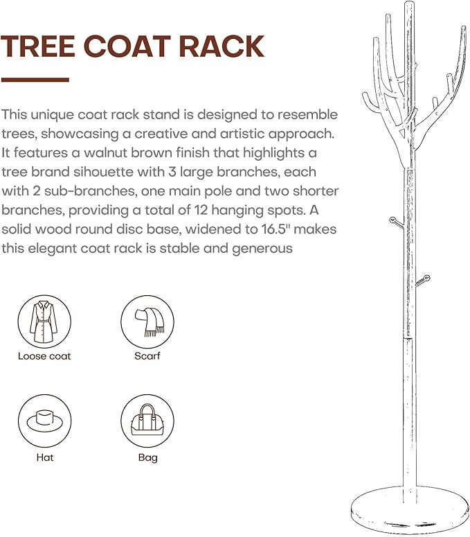 Wood Coat Rack, Coat Tree Freestanding Wooden Coat Rack Stand with 12 Hooks, Heavy Duty Hall Tree Coat Hat Stand with Sturdy Base, Free Standing Coat Racks for Entryway, Bedroom, Brown