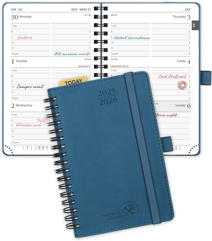 POPRUN Pocket Planner 2025-2026 (Purse Size 4'' x 6.25'') Academic Small Calendar (July 2025 - June 2026) with Hourly Time Slots, 100GSM Thick Papers, Spiral Leather Cover - Night Sky Blue