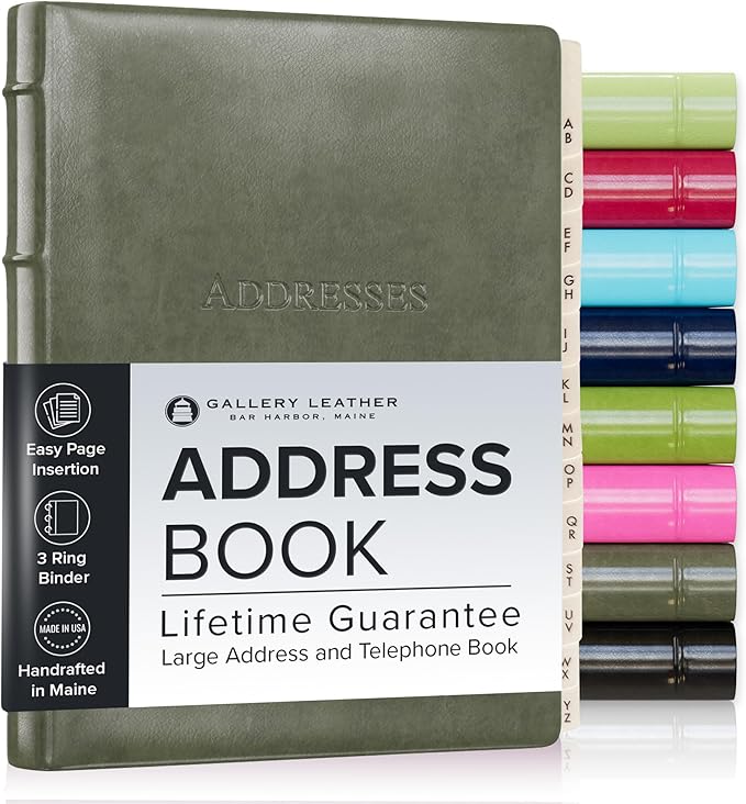 Gallery Leather Large Address Book with Alphabetical Tabs up to 480 Records, Leather Notebook Hardcover, Telephone and Address Books - 9x7", Desk Address, Acadia Cactus