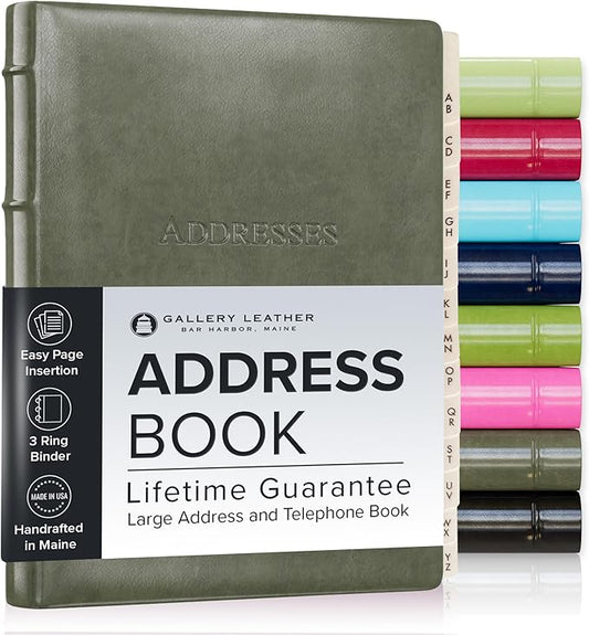 Gallery Leather Large Address Book with Alphabetical Tabs up to 480 Records, Leather Notebook Hardcover, Telephone and Address Books - 9x7", Desk Address, Acadia Cactus