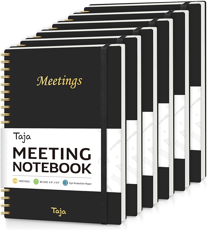 6 Pack of Meeting Notebook for Work Organization - Work Planner Notebook with Action Items, Agenda Planner for Note Taking, 160 Pages (6.9" X 9.9") Project Organizer for Men & Women - Black