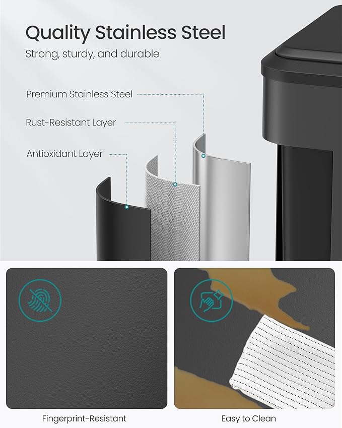 SONGMICS Trash Can, 2 x 8 Gallon (2 x 30 L) Double Garabge Can for Recycling and Waste, Stainless Steel, Soft-Close Lid, Inner Buckets, Wide Sturdy Pedal, Ink Black ULTB556B01
