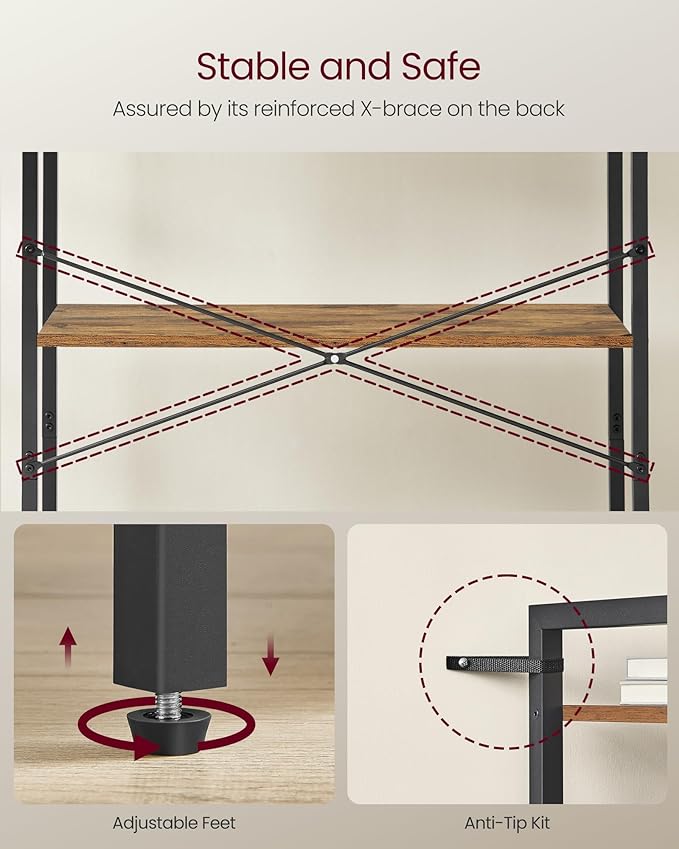 VASAGLE 4-Tier Tall Bookshelf, Large Bookcase with Steel Frame, Deep Book Shelf for Living Room, Home Office, Study, 11.8 x 31.5 x 47 Inches, Industrial Style, Honey Brown and Black ULLS140K01