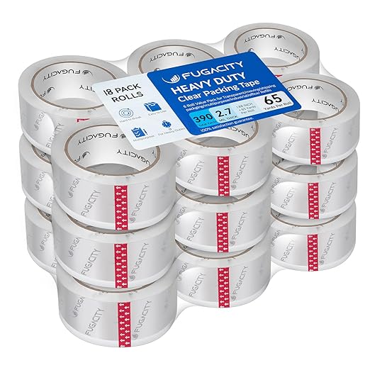 FugaCity Heavy Duty Clear Packing Tape Refills (18 Rolls), Packaging Tape for Moving Sealing, Moving Supplies Shipping Tape,2.7 Mil Thick, 2 in Wide,65 Yards Per Roll,Total 1170 Yards