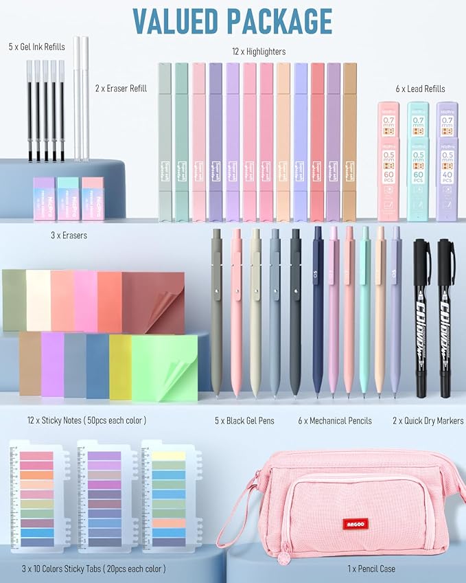 Nicpro 57 PCS Aesthetic Book Annotation Kit with Pen Case, 12 Dual Highlighters, 5 Gel Pens, 6 Mechanical Pencil, 2 Markers 1200PCS Transparent Sticky Notes and Tabs for Bible Study Student Stationary
